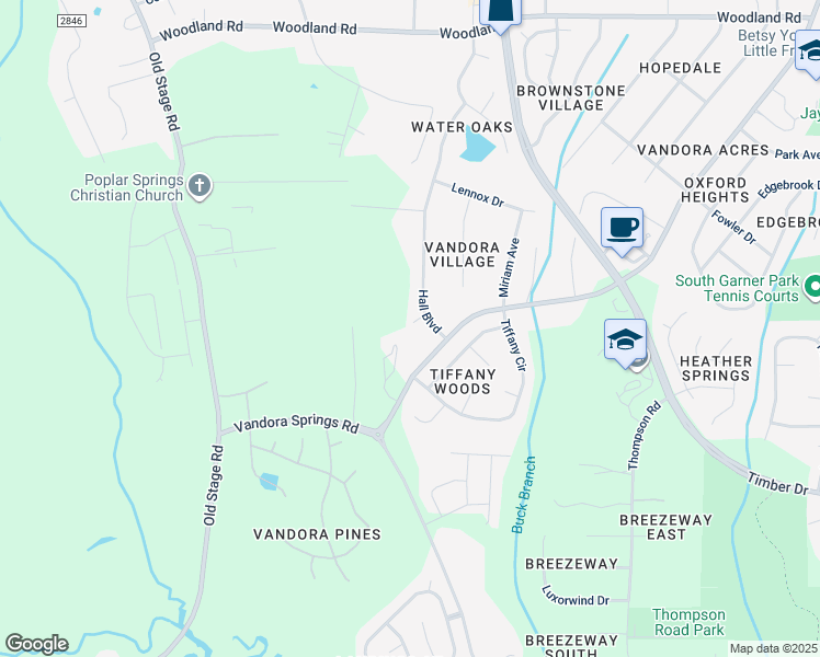 map of restaurants, bars, coffee shops, grocery stores, and more near 1409 Hall Boulevard in Garner