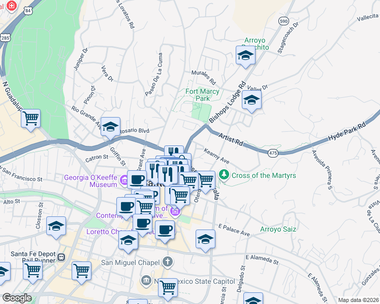 map of restaurants, bars, coffee shops, grocery stores, and more near 509 Paseo De Peralta in Santa Fe