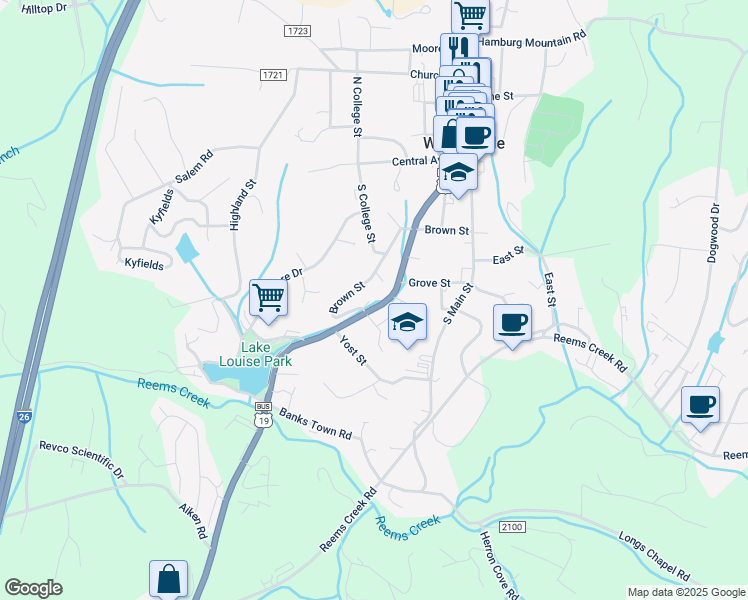 map of restaurants, bars, coffee shops, grocery stores, and more near 1 Lakeside Meadows Drive in Weaverville