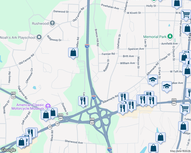 map of restaurants, bars, coffee shops, grocery stores, and more near 1034 Breeze Hill Road in Asheboro