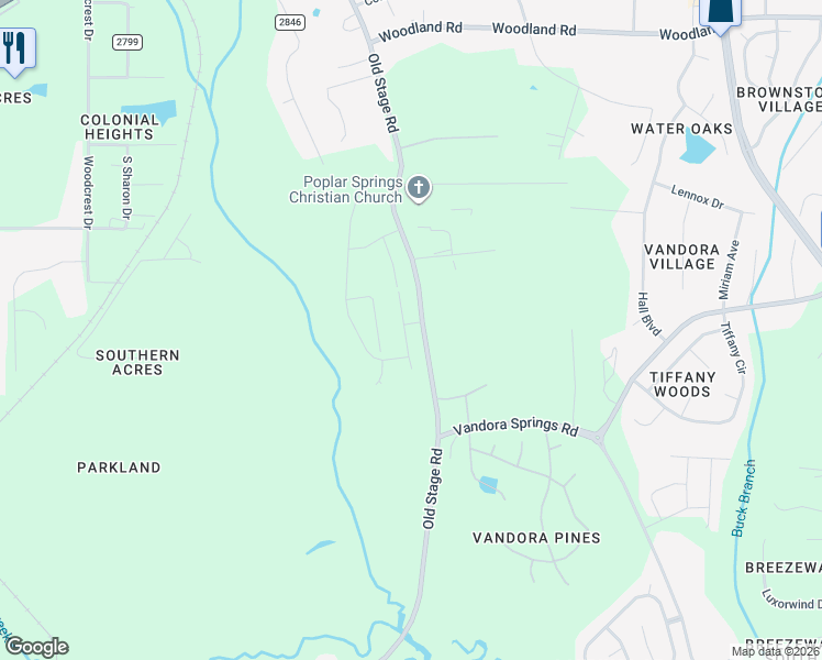 map of restaurants, bars, coffee shops, grocery stores, and more near 6310-6598 Old Stage Road in Raleigh