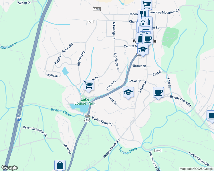 map of restaurants, bars, coffee shops, grocery stores, and more near 63 Brown Street in Weaverville