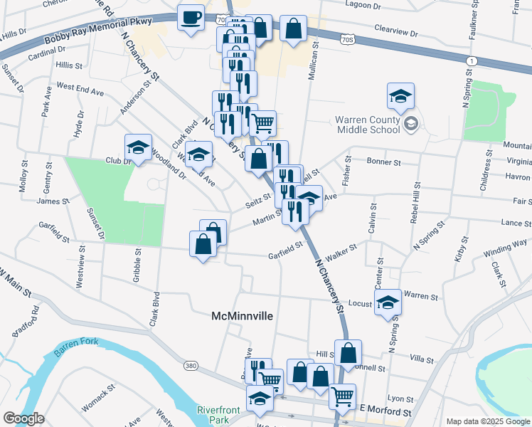 map of restaurants, bars, coffee shops, grocery stores, and more near 119 Martin Street in McMinnville