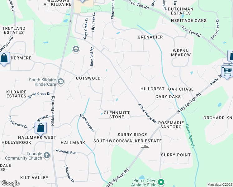 map of restaurants, bars, coffee shops, grocery stores, and more near 2044 Piedmontese Drive in Apex