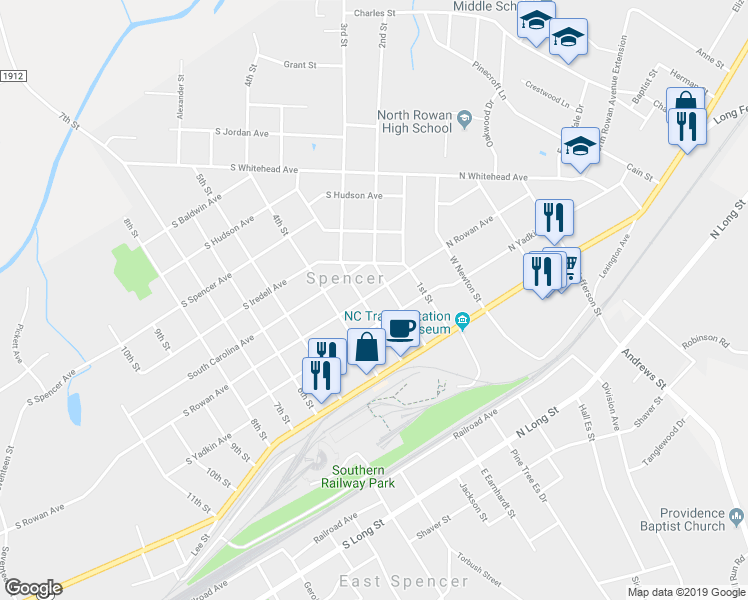 map of restaurants, bars, coffee shops, grocery stores, and more near 209 South Rowan Avenue in Spencer