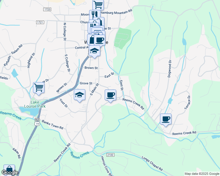 map of restaurants, bars, coffee shops, grocery stores, and more near 18 Hillside Street in Weaverville