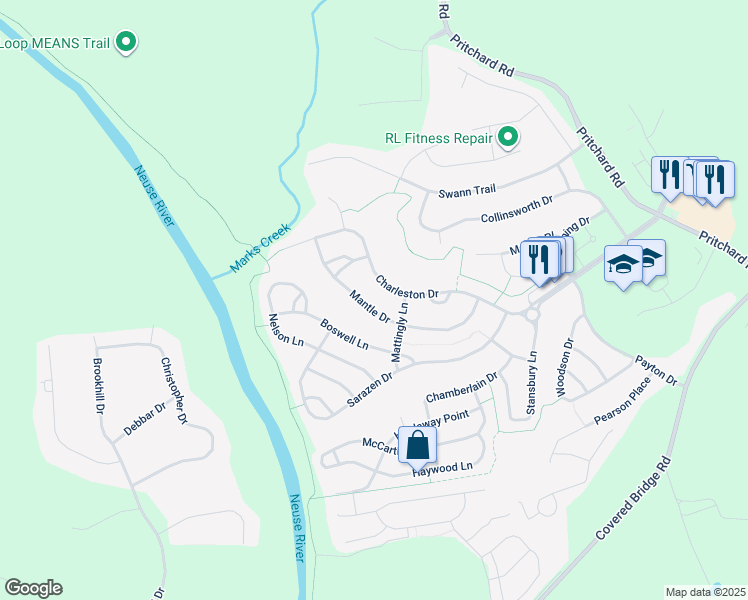 map of restaurants, bars, coffee shops, grocery stores, and more near 213 Mantle Drive in Clayton