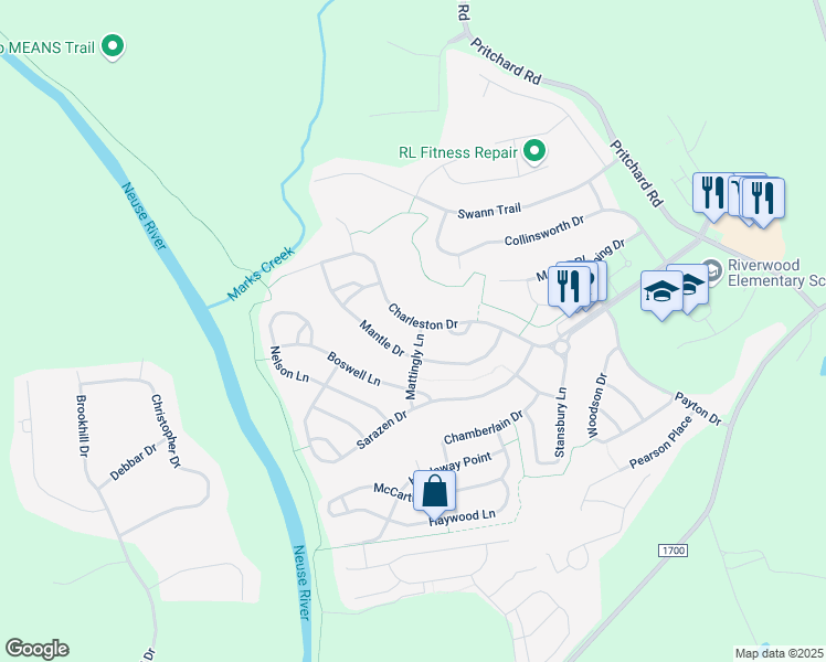 map of restaurants, bars, coffee shops, grocery stores, and more near 400 Charleston Drive in Clayton