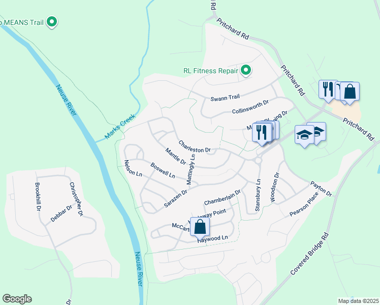 map of restaurants, bars, coffee shops, grocery stores, and more near 400 Charleston Drive in Clayton