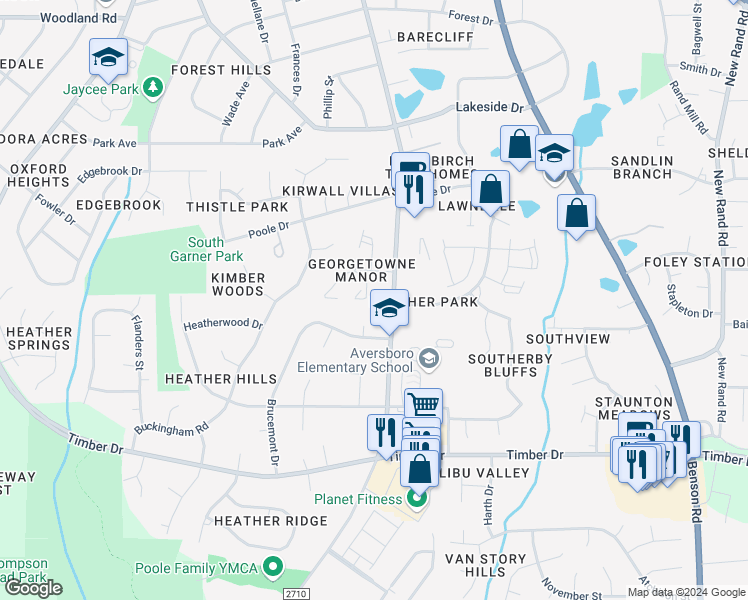 map of restaurants, bars, coffee shops, grocery stores, and more near 127 Village Green Trail in Garner