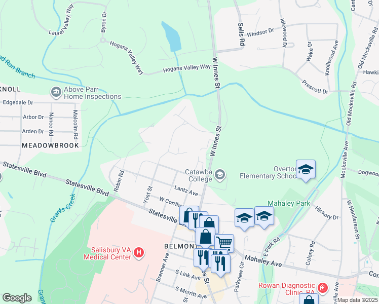 map of restaurants, bars, coffee shops, grocery stores, and more near 2300 West Innes Street in Salisbury