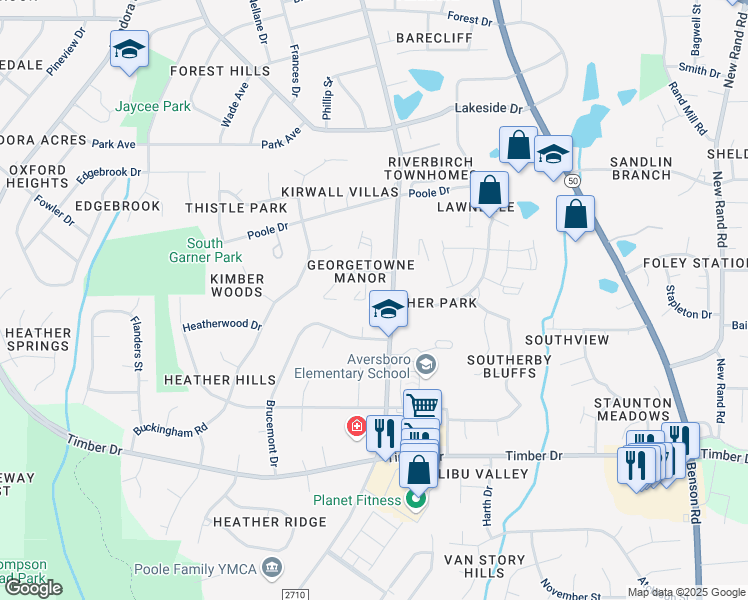 map of restaurants, bars, coffee shops, grocery stores, and more near 127 Village Green Trail in Garner
