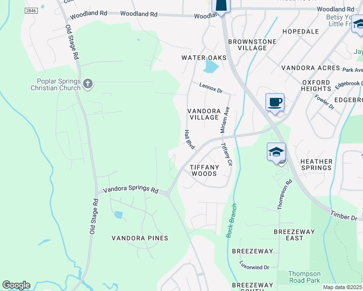 map of restaurants, bars, coffee shops, grocery stores, and more near 1409 Hall Boulevard in Garner