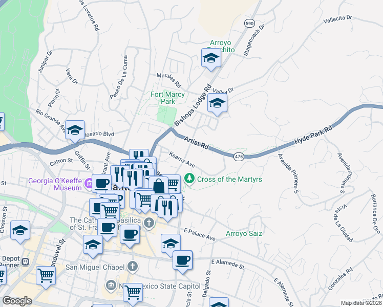 map of restaurants, bars, coffee shops, grocery stores, and more near 339 Otero Street in Santa Fe