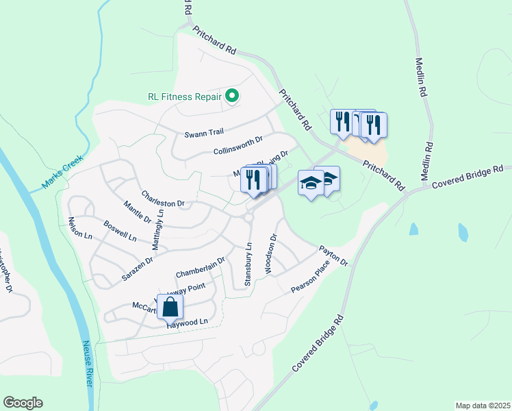 map of restaurants, bars, coffee shops, grocery stores, and more near 104 Stansbury Lane in Clayton