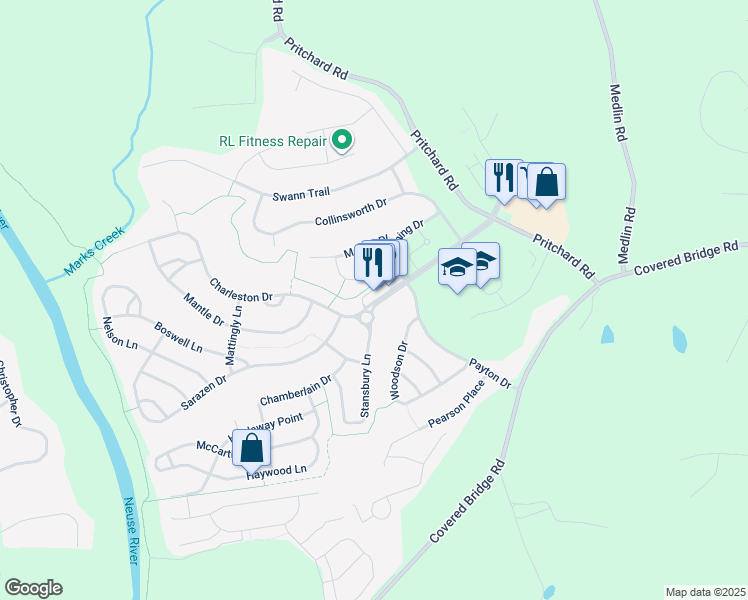map of restaurants, bars, coffee shops, grocery stores, and more near 104 Stansbury Lane in Clayton