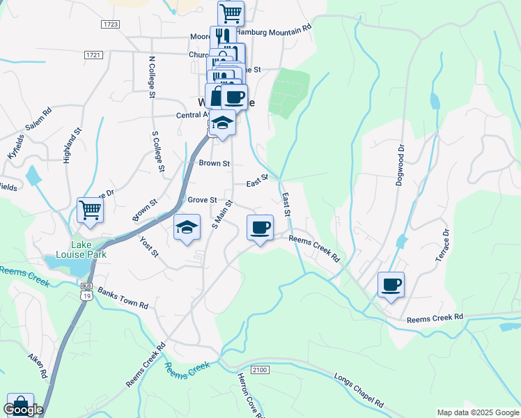 map of restaurants, bars, coffee shops, grocery stores, and more near 18 Hillside Street in Weaverville