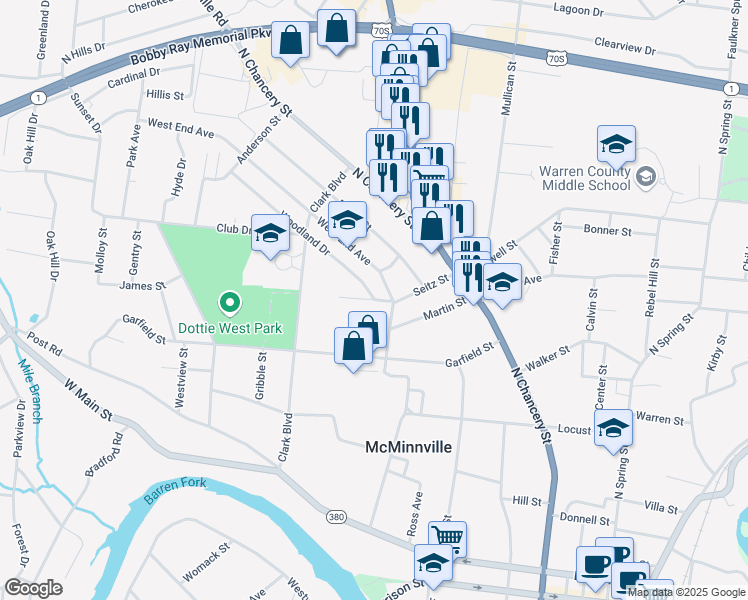 map of restaurants, bars, coffee shops, grocery stores, and more near 198 Potter Lane in McMinnville