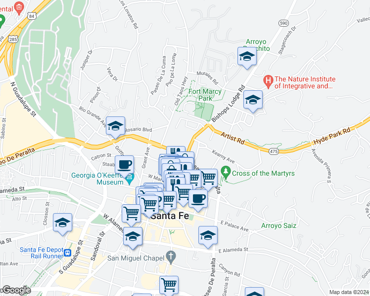 map of restaurants, bars, coffee shops, grocery stores, and more near 463 Paseo De Peralta in Santa Fe