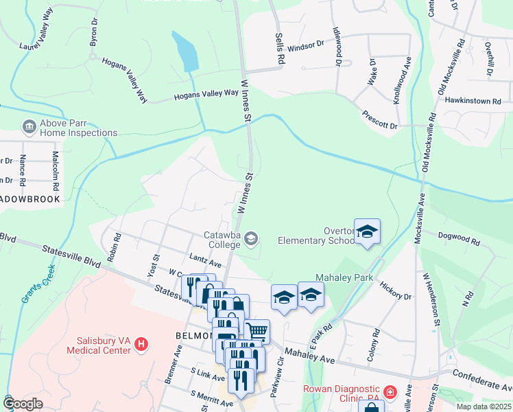 map of restaurants, bars, coffee shops, grocery stores, and more near 2300 West Innes Street in Salisbury