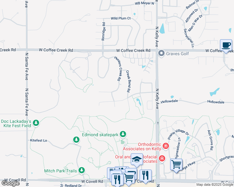 map of restaurants, bars, coffee shops, grocery stores, and more near 3636 Hunters Creek Road in Edmond