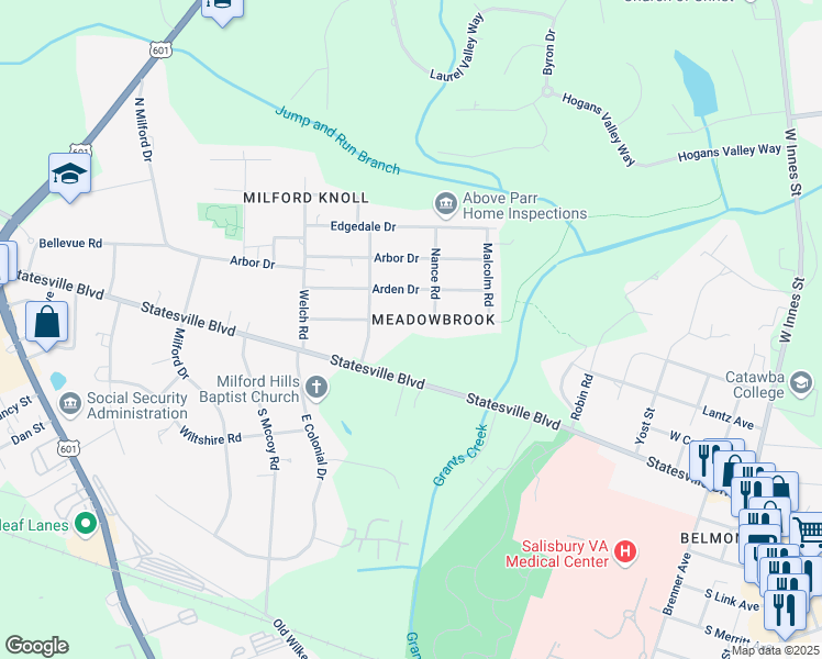 map of restaurants, bars, coffee shops, grocery stores, and more near 1200 Forestdale Drive in Salisbury