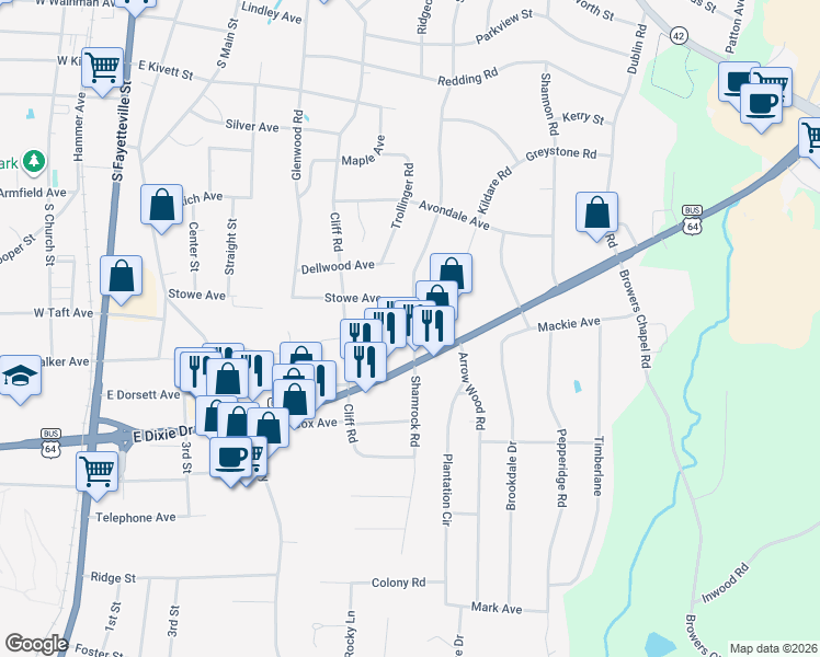 map of restaurants, bars, coffee shops, grocery stores, and more near 706 Stowe Avenue in Asheboro