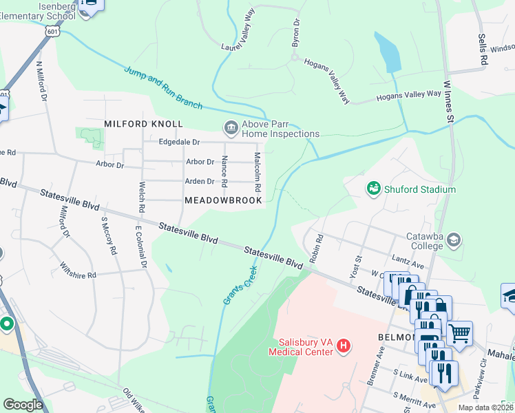 map of restaurants, bars, coffee shops, grocery stores, and more near 101 Malcolm Road in Salisbury