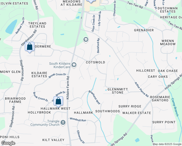 map of restaurants, bars, coffee shops, grocery stores, and more near 119 Drakewood Pl in Cary