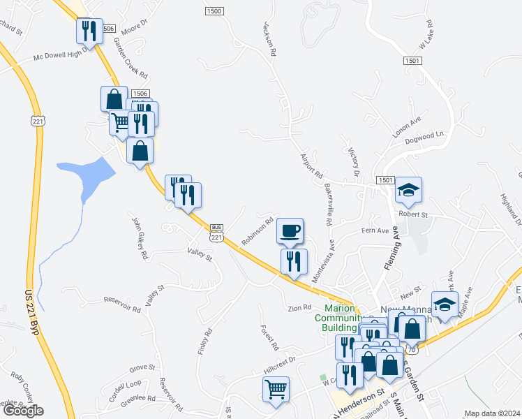 map of restaurants, bars, coffee shops, grocery stores, and more near 178 Robinson Road in Marion
