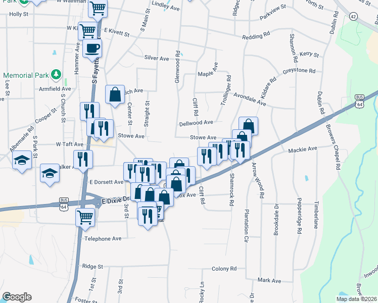 map of restaurants, bars, coffee shops, grocery stores, and more near 518 Stowe Avenue in Asheboro