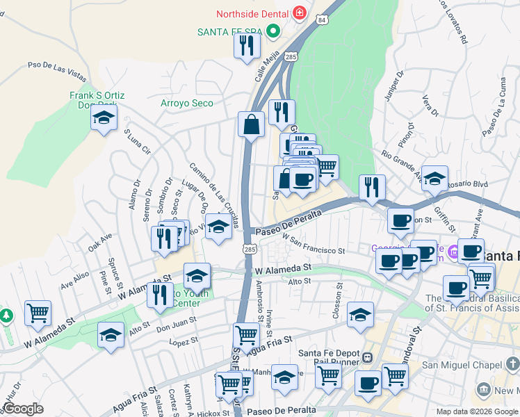 map of restaurants, bars, coffee shops, grocery stores, and more near 203 Melendez Street in Santa Fe