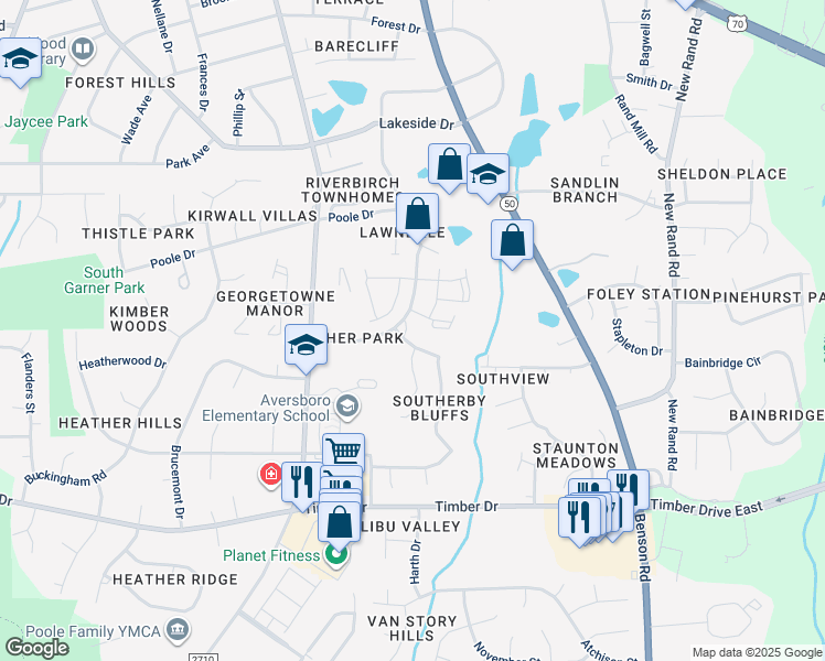 map of restaurants, bars, coffee shops, grocery stores, and more near 105 Gulley Glen Drive in Garner