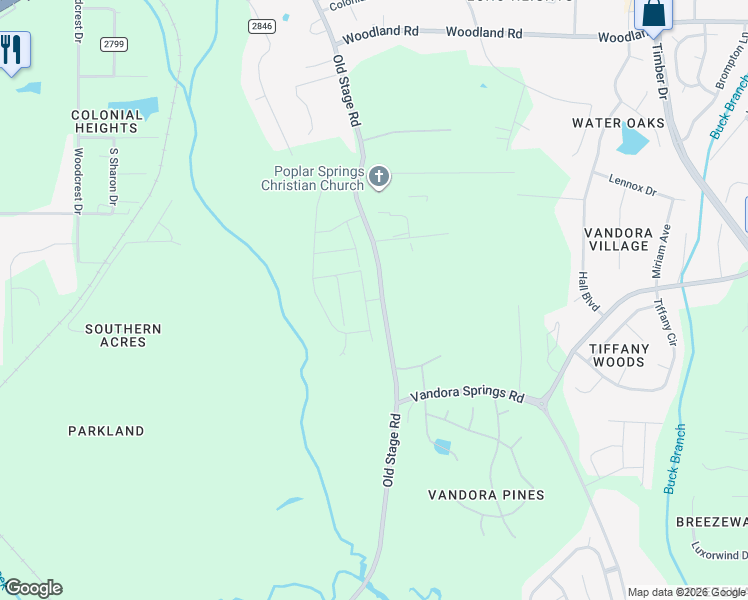 map of restaurants, bars, coffee shops, grocery stores, and more near 6401 Old Stage Road in Raleigh