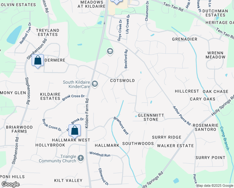 map of restaurants, bars, coffee shops, grocery stores, and more near 119 Drakewood Place in Cary