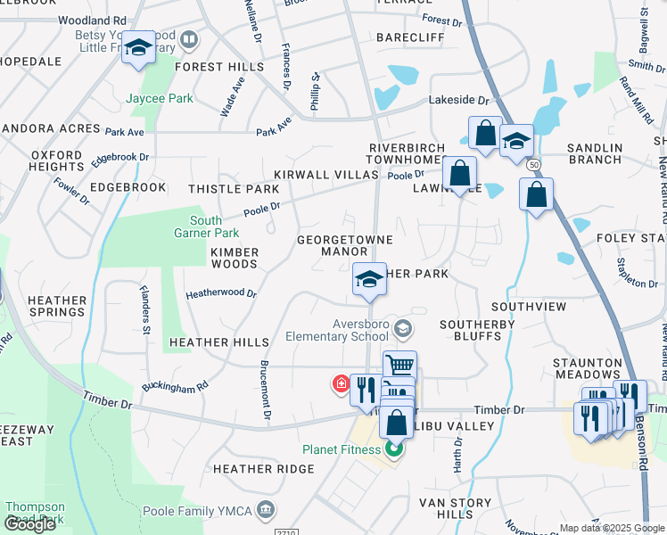 map of restaurants, bars, coffee shops, grocery stores, and more near 130 Village Green Trail in Garner