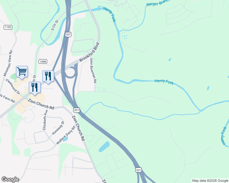 map of restaurants, bars, coffee shops, grocery stores, and more near 4676 Bowman Road in Hickory