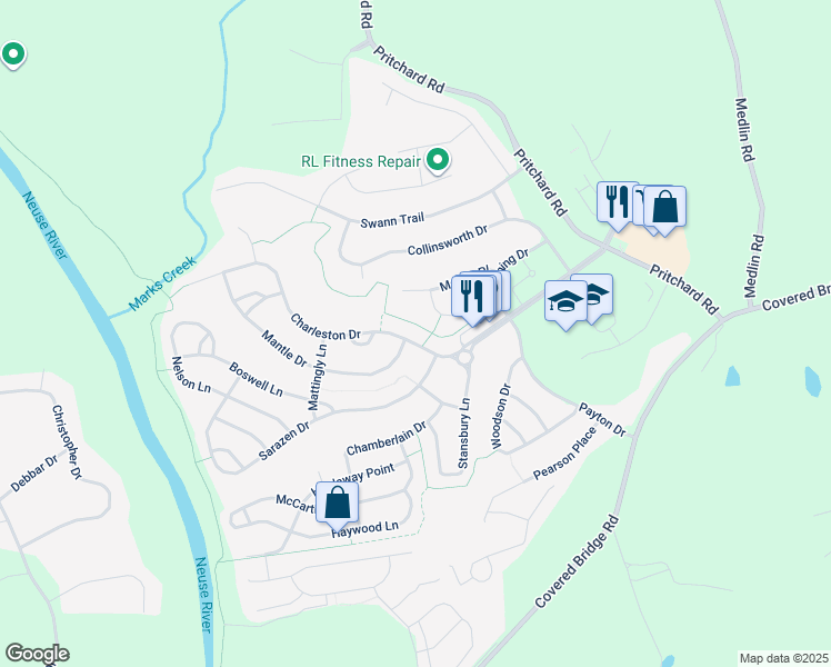 map of restaurants, bars, coffee shops, grocery stores, and more near 105 Charleston Drive in Clayton