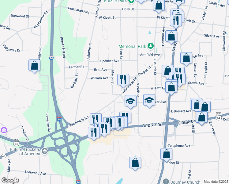 map of restaurants, bars, coffee shops, grocery stores, and more near 1016 Macon Street in Asheboro