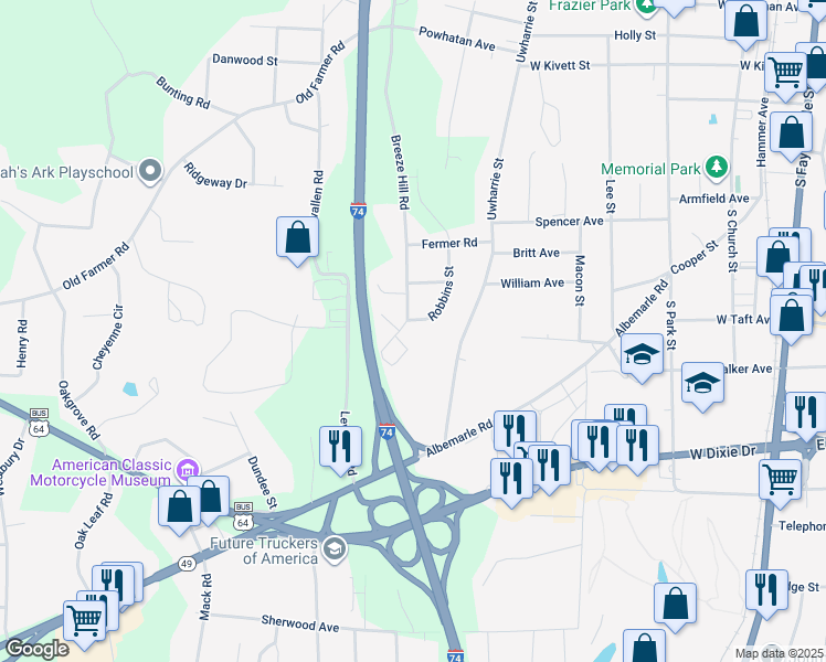 map of restaurants, bars, coffee shops, grocery stores, and more near 1 Robbins Street in Asheboro