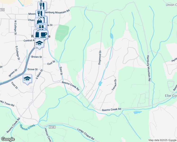 map of restaurants, bars, coffee shops, grocery stores, and more near 10 Shadowbrook Drive in Weaverville