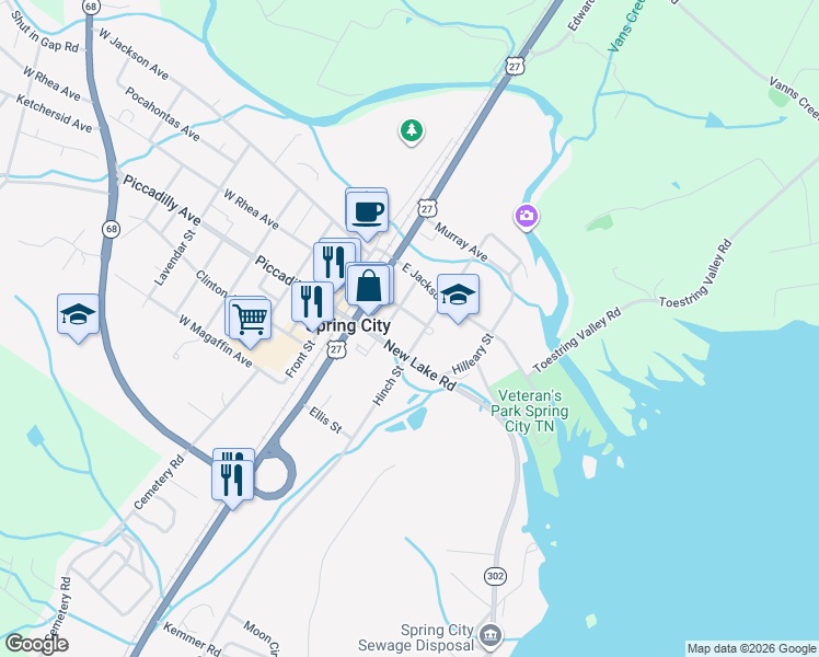 map of restaurants, bars, coffee shops, grocery stores, and more near 199 East Rhea Avenue in Spring City