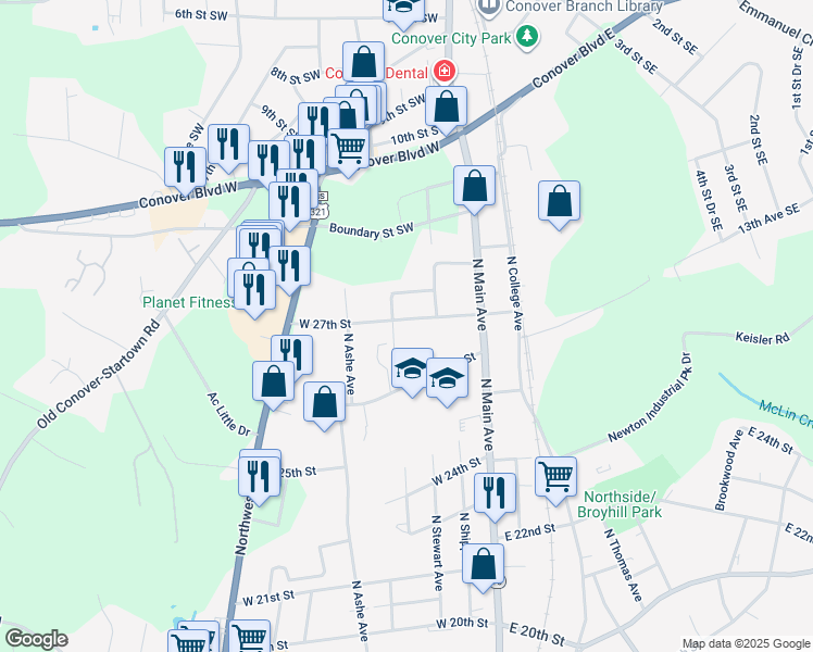 map of restaurants, bars, coffee shops, grocery stores, and more near 223 West 27th Street in Newton