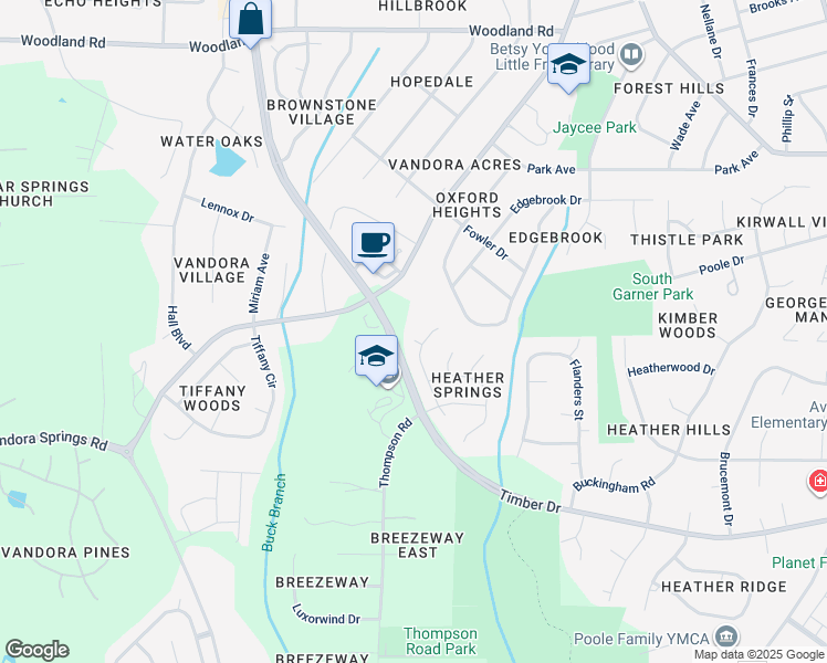 map of restaurants, bars, coffee shops, grocery stores, and more near 106 Cluny Place in Garner