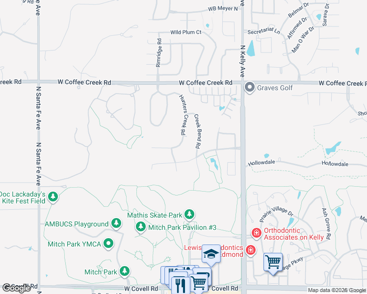 map of restaurants, bars, coffee shops, grocery stores, and more near 3636 Hunters Creek Road in Edmond