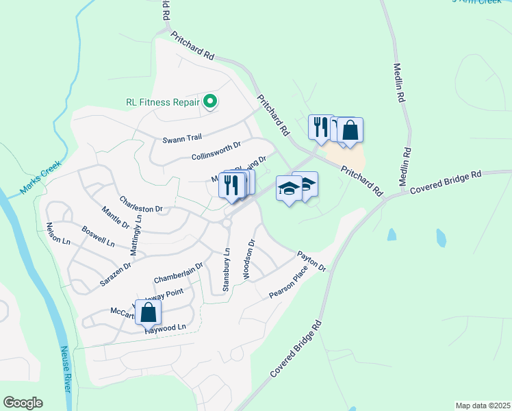 map of restaurants, bars, coffee shops, grocery stores, and more near 310 Athletic Club Boulevard in Clayton