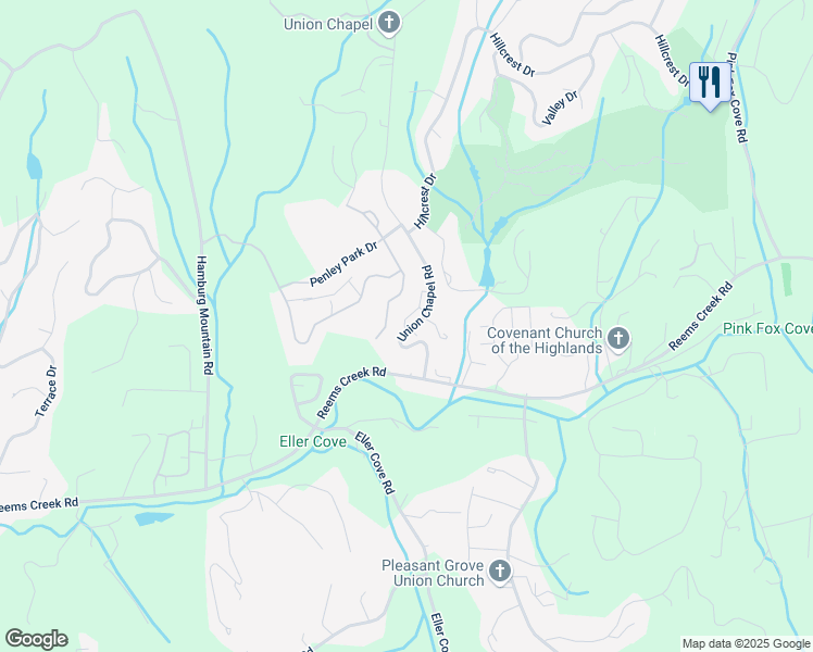 map of restaurants, bars, coffee shops, grocery stores, and more near 34 Union Chapel Road in Weaverville