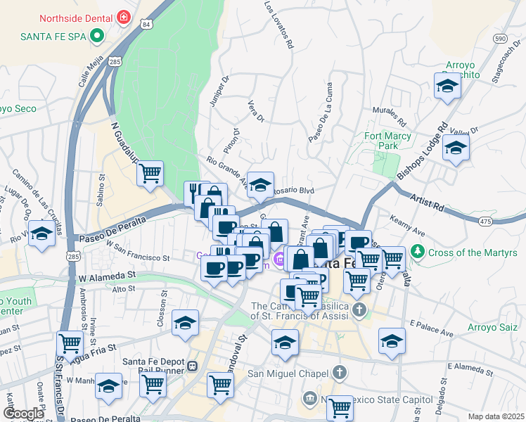 map of restaurants, bars, coffee shops, grocery stores, and more near 300 Paseo De Peralta in Santa Fe