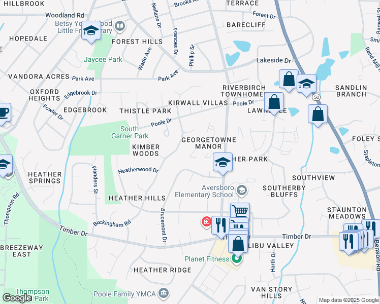 map of restaurants, bars, coffee shops, grocery stores, and more near 128 Carriage House Trail in Garner