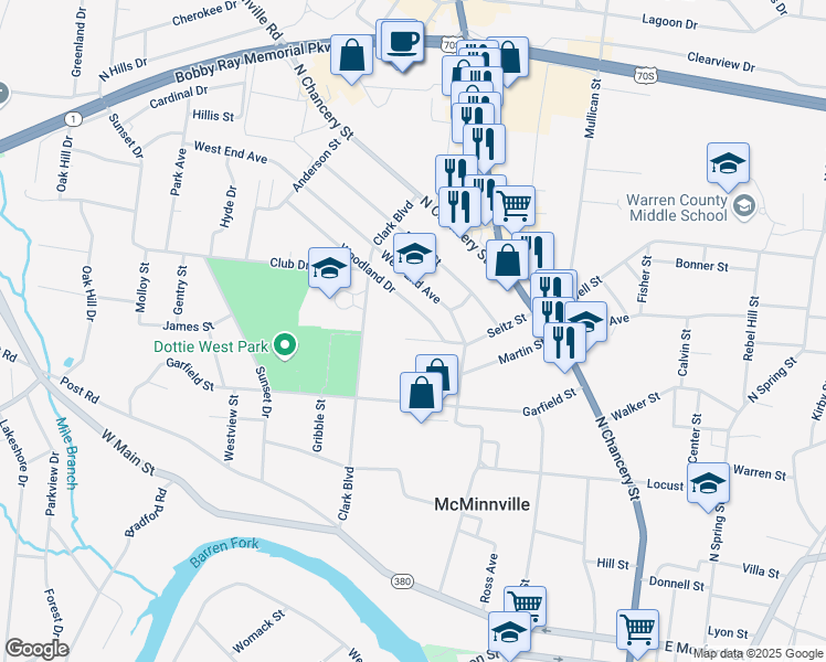map of restaurants, bars, coffee shops, grocery stores, and more near 208 Potter Lane in McMinnville